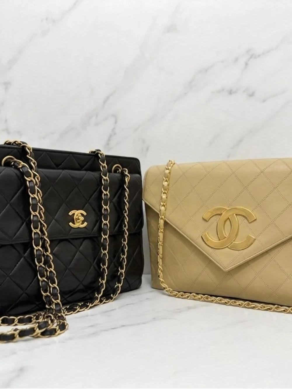 VINTAGE CHANEL Quilted Envelope Bag in Beige with Gold Hardware. Oversized CC